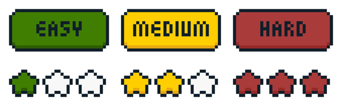 8-bit pixel art game difficulty button and stars ui set