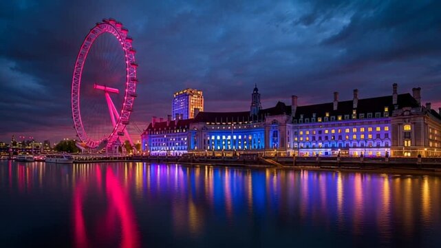 London's vibrant cityscape at dusk with illuminated buildings and London Eye.