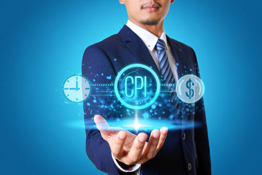 Businessman presenting Consumer Price Index concept with digital icons - Powered by Adobe