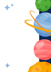space banner. stacked colorful planets, playful cosmic border illustration
