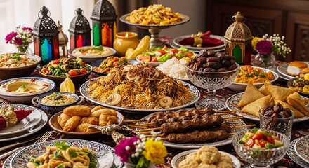 Fototapeta premium Traditional Middle Eastern Feast for Ramadan Iftar Dinner with Biryani, Meat Kebabs, Hummus, Samosas and Dates on an Ornamented Table with Lanterns
