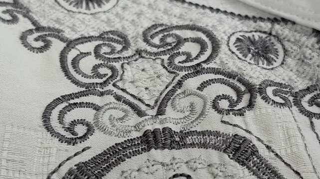 Close-up of grey embroidery on white fabric, featuring elegant scroll patterns and intricate stitch details on a traditional shirt