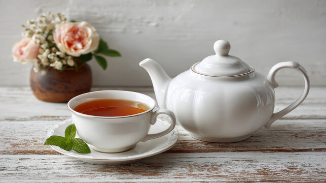 Cup of tea, teapot and flowers in vaase on a white woden table	