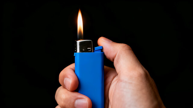 Hand holding a blue plastic gas lighter with a burning flame against a solid black background.