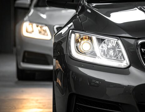 A close-up of two cars' headlights