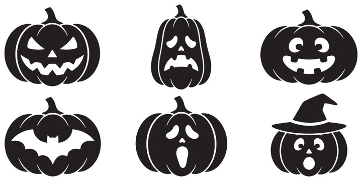 Set of six black silhouette Halloween pumpkins with carved faces and one wearing a witch hat, isolated on a white background.
