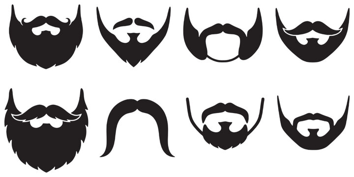 Collection of eight different black beard and mustache styles in silhouette, isolated on a white background.
