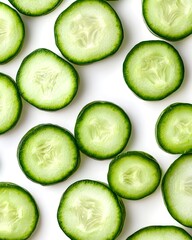 Fresh green cucumber slices scattered on white background