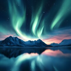 Green aurora borealis over snow-capped mountains and reflective lake