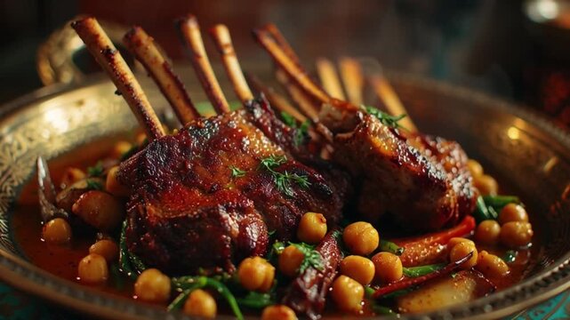 Rack of lamb cooked in a traditional tagine with chickpeas and vegetables, Ramadan food, authentic Middle Eastern culinary composition, warm cinematic lighting, rich spices, high detail, 4K