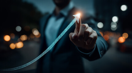 Professional business analyst interacting with futuristic holographic stock market growth chart.