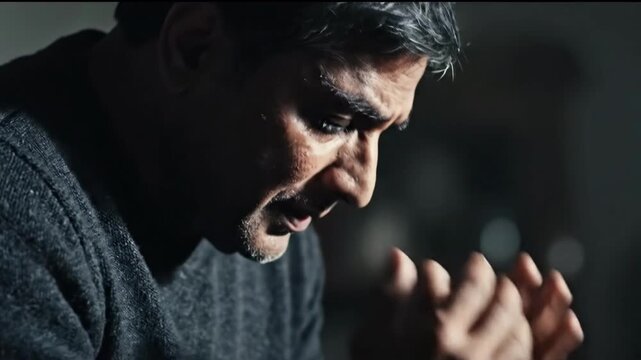 Cinematic 4K Slow Motion of a Pensive Muslim Man in Deep Prayer and Reflection during the Holy Month of Ramadhan