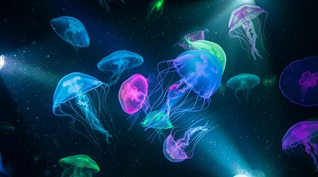 Luminous jellyfish floating in dark water with vibrant bioluminescent glow, ocean creatures, sea, underwater.