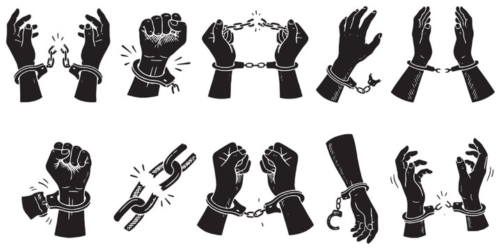 Collection of black silhouette illustrations depicting hands breaking free from chains and handcuffs, symbolizing freedom and liberation.