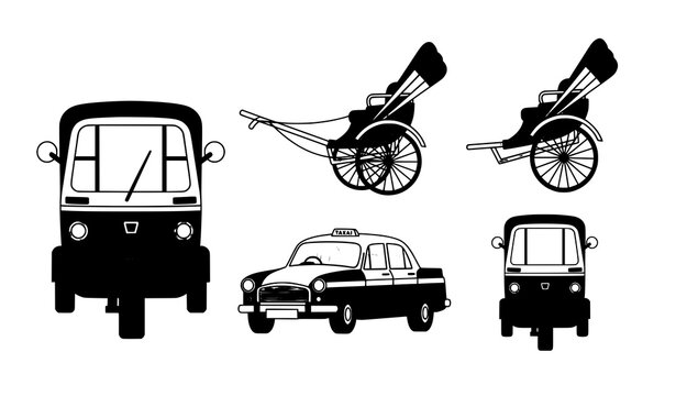 Indian transport vehicles vector set with auto rickshaw taxi tuk tuk and hand pulled rickshaw flat illustration