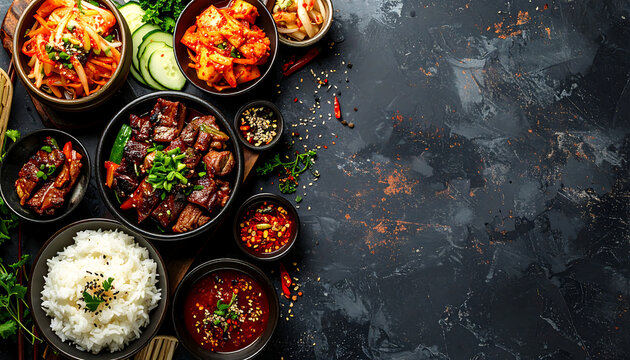 A delectable flat lay of Korean BBQ dishes, showcasing a variety of marinated meats, rice, kimchi, and dipping sauces, artfully arranged on a dark, textured surface with ample copy space