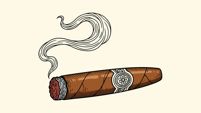 Lit brown cigar with a decorative band and a wisp of smoke is illustrated in a classic hand-drawn style on a beige background.