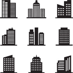 Various black building silhouettes on a white background buildings