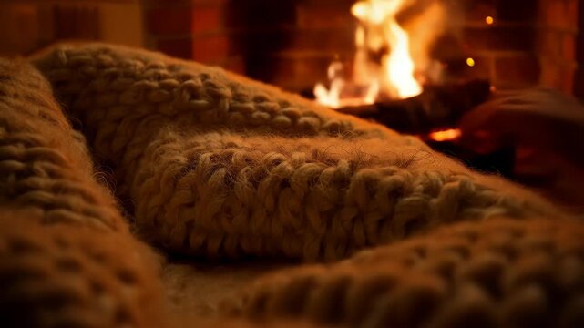 Close-up of thick chunky knit wool blanket, a hand pulling it up while sitting in front of a crackling fireplace, warm orange glow, extremely cozy.