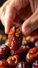 Close up Macro Shot of a Hand Holding a Date Filled with a Walnut Against a Dark Background With Many Other Dates Out of Focus