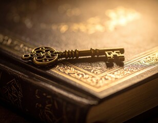 Antique Brass Skeleton Key Resting on Ornate Leather Bound Book with Golden Light Glinting Across the Cover