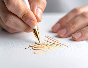 Close up of a right hand holding a white and gold mechanical pencil writing elegant golden calligraphy on textured white paper with soft natural light casting subtle shadows