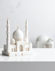 Miniature White Marble Mosque Model with Tall Minarets and Dome Displayed on a White Surface with Soft Natural Lighting
