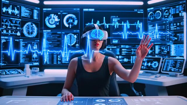 Virtual reality neurofeedback session with Asian female researcher wearing headset, colorful brain visualization, ECG waveform backdrop, multiple control monitors, immersive interaction