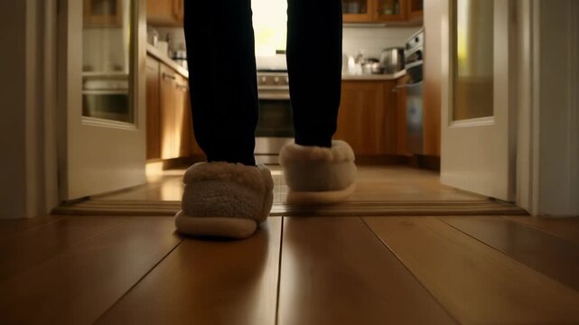 A pair of fuzzy slippers walking across a warm wooden floor toward a glowing kitchen, soft morning light, peaceful domestic lifestyle.