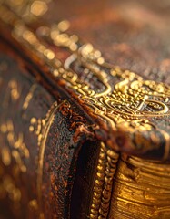 Close up of an ornate vintage leather bound book with intricate gold embossed detailing and aged paper edges a symbol of knowledge and history