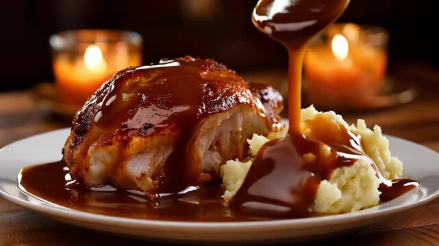 Slow motion of warm gravy being poured over a roasted turkey and mashed potatoes, steam rising, candlelight flickering, rich and appetizing textures.