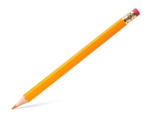 A sharp orange pencil with a pink eraser on a white background