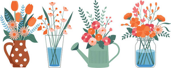 Colorful floral bouquet illustration set flowers in vases and watering can modern flat design spring summer decor botanical arrangement vector collection © Tohidul