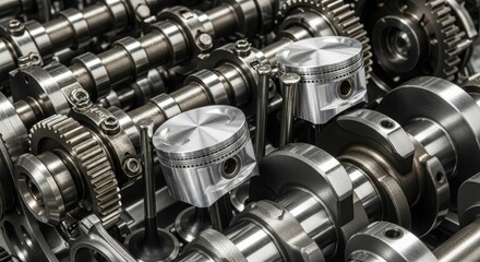 Close up Mechanical Engine Pistons Crankshaft and Gears Metallic Automotive Technology Power