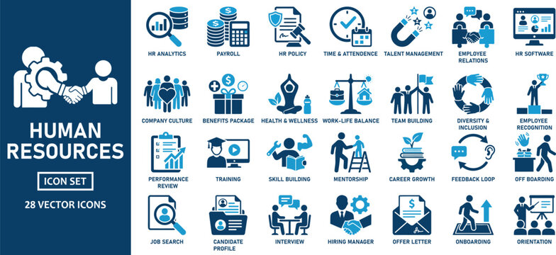 Comprehensive Human Resources Icon Set Featuring 28 Vector Designs