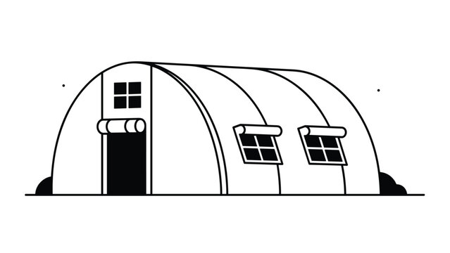 Simple black and white line drawing of a large rounded quonset hut building with windows and an open door.