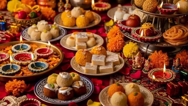 Traditional Indian sweets and illuminated Diwali oil lamps decorate a festive table for Hindu celebration.