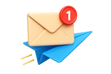 Paper plane carrying a beige envelope with a red notification bubble showing one new message for communication isolated on transparent background