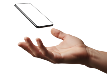 Floating smartphone above open human hand symbolizing digital trust, modern technology, innovation, and seamless wireless communication concept.