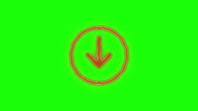 Red neon arrow pointing down animation within circular border on chroma key green background