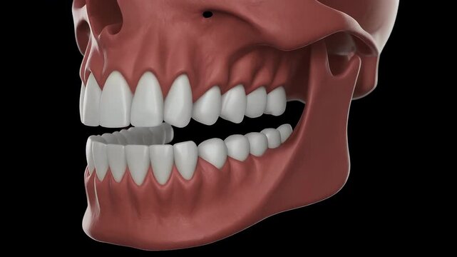 Anatomical illustration of the human jaw and teeth.