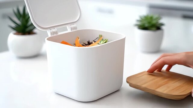 Hand dropping vegetable peels into compost bin zero waste concept