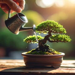 Close-up of a hand gently watering a lush green bonsai tree in a brown pot with a small metal watering can during golden hour sunlight creating a serene garden atmosphere