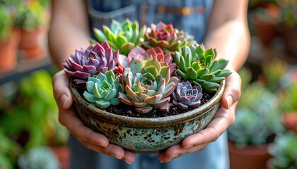 Close-up of Hands Holding a Bowl of Assorted Succulents Plants in a Garden Setting with Shallow Depth of Field