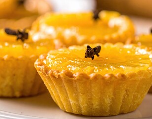 Close Up Of Golden Lemon Tarts With Cloves On A White Plate Detailed Sweet Pastry Closeup Yellow Dessert With Flaky Crust And Shiny Glaze Warm Lighting