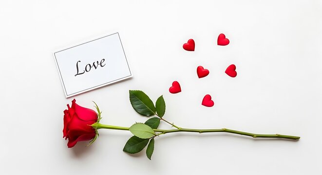 Red rose with love card and hearts on white background.