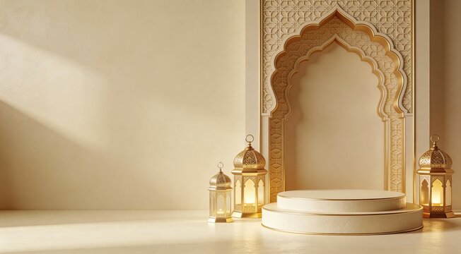 Islamic Podium Display with Golden Lanterns and Arch for Ramadan Celebration.