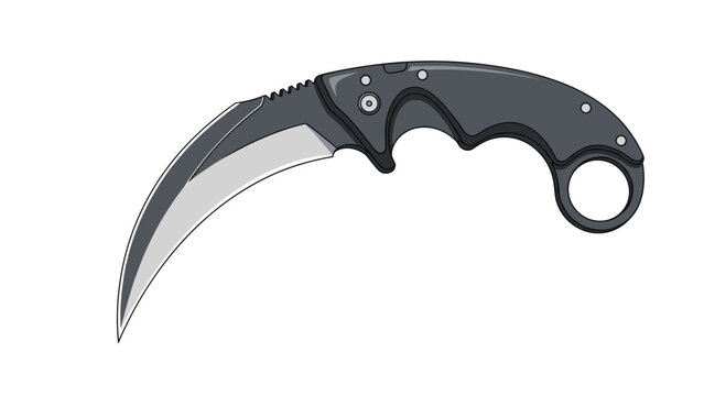 Tactical karambit knife with a curved blade and a finger ring handle in black and gray isolated on a white background.