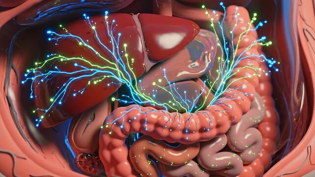 enteric nerves lighting gut neural network, liver and intestinal plexus with glowing neurotransmitter streams, digestive anatomy crosssection, microbiome context, educational medical