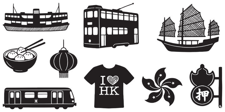 Collection of iconic Hong Kong symbols including a ferry, tram, junk boat, dim sum, lantern, t-shirt, bauhinia flower, and subway train.